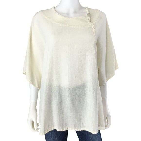 Oh My Gauze! Blouse Top Cream One Size Full Figure Patch Pocket Pearl Button - Picture 2 of 16